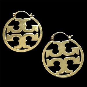New Auth. Tory Burch SMALL ICON HOOP EARRINGS in Tory Gold on TB Earring Card